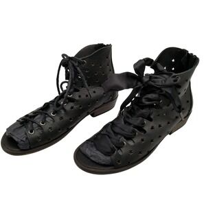 Free People Star Cutout Leather Gladiator Sandals Black Lace Up Ribbon Size 39